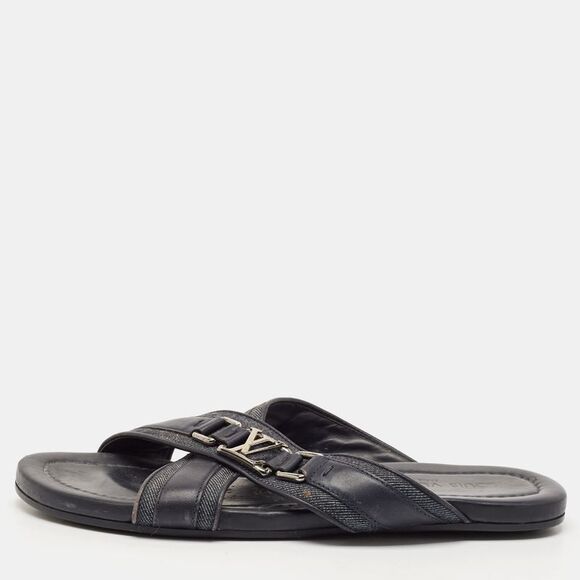 Louis Vuitton Navy Blue Denim And Leather Hamptons Flat Sandals Size 42.5